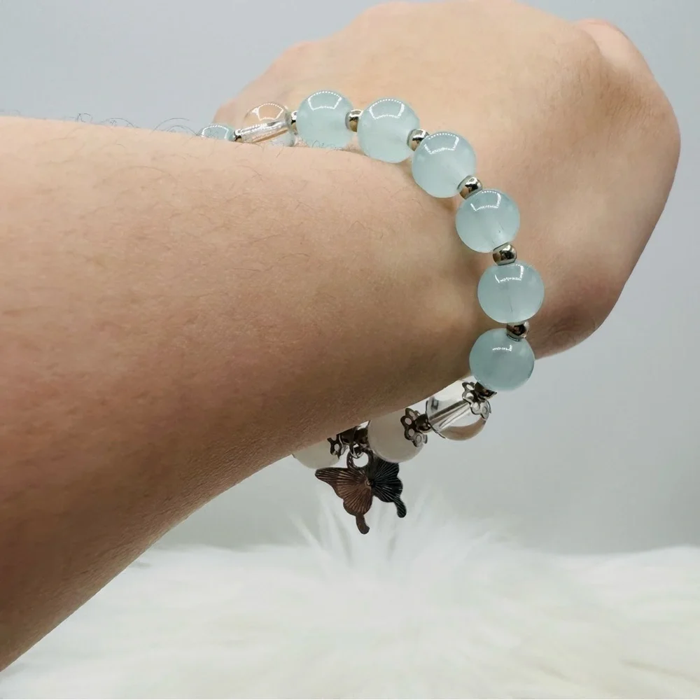 Blue Beaded w/ Sparkly Butterfly Charm Bracelet - Small wrists